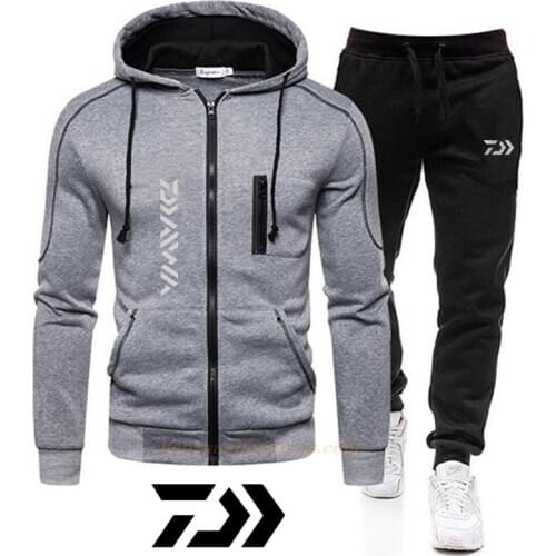 Men Autumn Winter Daiwa Fishing Suits Tracksuit Hooded Sweatshirt Drawstring Sportswear Male Suit Pullover Two Piece Casual Set