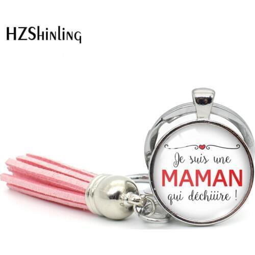 2019 New Je Suis Une Super Maman Tassel Keychain Love Mom Keychains Glass Dome Handmade Jewelry