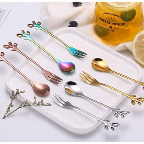 New Stainless Steel Leaves Coffee Drink Mixing Spoon Fruit Fork Tableware Kitchen Teaspoon Coffee Scoop Coffeeware Kitchen Tools