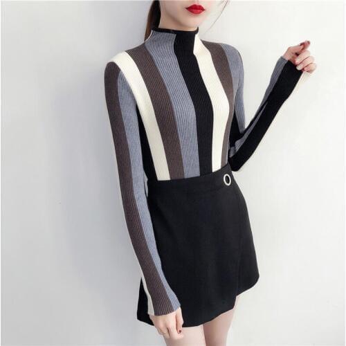 2020 Autumn and Winter New Half-high Collar Long-sleeved Sweater Female Sweater Pullover Striped Bottoming Women Sweater