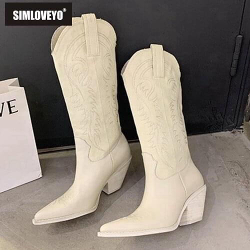 SIMLOVEYO Women Cowboy Boots Pointed Toe Womens Shoes Embossing Pu Leather Shoes Knee-High Boots Chunky Wedges Zip Black Beige