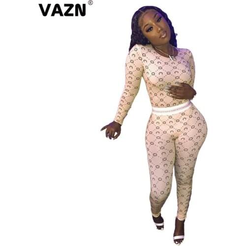 VAZN 2020 Top Quality Yellow Energy Young Sexy Daily Free Full Sleeve Top High Waist Long pants Skinny Women 2 Piece Set