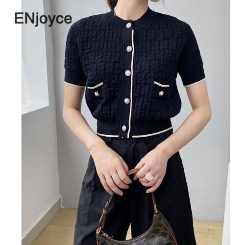 2021 Spring Summer French Style Short Sleeve Knitted T-Shirt Women Vintage Black Single Breasted Sweaters Cropped Tops Cardigans