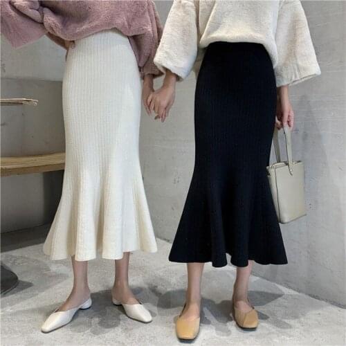 Fall Winter Korean Chic Ruffles Slim black High Waist Mermaid Skirts Women Wild Solid Wrap Hip Knitted Trumpet Skirt Faldas L07