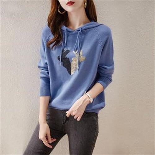Women Sweatshirts Hooded Long Sleeve Knitted Pullovers Sweatshirt Casual Tops Glitter Stone Short Jumper Spring Knitting Hoodies