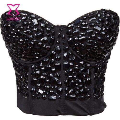Corzzet Black Resin Beads Overlay Bralette Push Up Bustier Bra Top Womens Underwear Dancer Corsage Brassiere Sexy Punk Lingerie