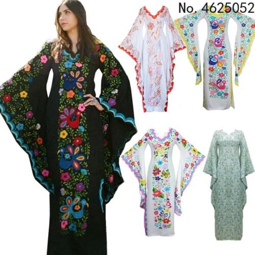 Bohemian Middle East Women Abayas V-Neck Full Sleeve Print Elegant Retro Dinner Party Evening Loose Long Dresses