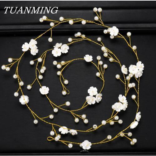 Golden Headband Wedding Hair Jewelry Flower Pearl Hairbands Hair Twister For Bride Long Headbands Hair Ornaments