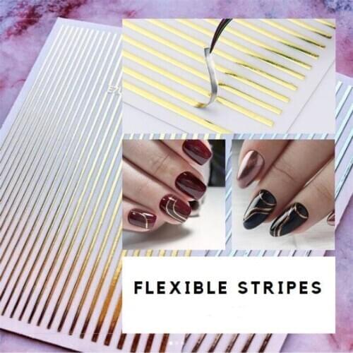 1 Sheet Nail Sticker Gold/Silver/Rainbow Stripe Lines 3D Metal Strip Tape Adhesive For Nail Art Decoration Sticker DIY Decals