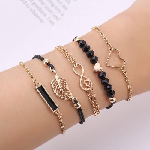 5 Pcs Set Bohemia Metal Leaves Heart Rectangle Pendant Charm Black Natural Bead Gold Multilayer Chain Bracelet Set Women Jewelry
