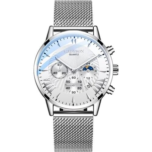 Brand New Stainless Steel Mesh Belt Pin Buckle Mens Watch Luxury Sports Chronograph Calendar Mens Quartz Watch Montre Homme