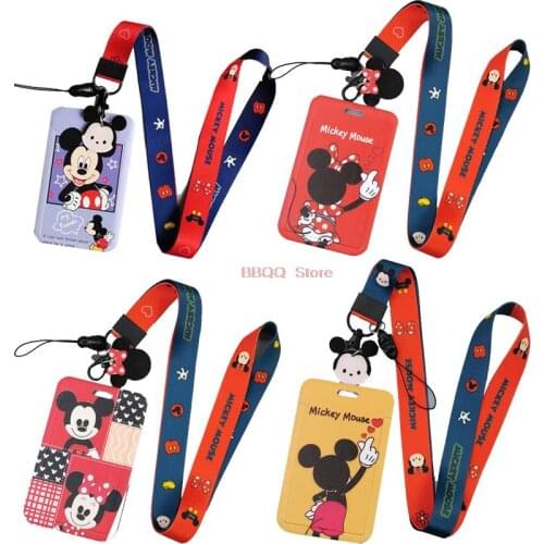 Anime Disney Mickey minnie Mouse Winnie Figures Pvc bus Card Cover id Card case Holder cute cartoon hanging Lanyard action toy