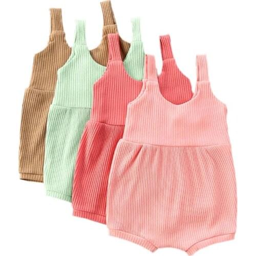 2020 Baby Summer Clothing Baby Kids Boy Girl Infant Romper Sleeveless Jumpsuit Cotton Outfits Set Ribbed Knitted Clothes 4 Color