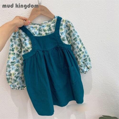 Mudkingdom Girl Shirt Dress Set Floral Puff Sleeve Tops Solid Suspender Sleeveless Dresses Loose Fit Outfits Girls Autumn Sets