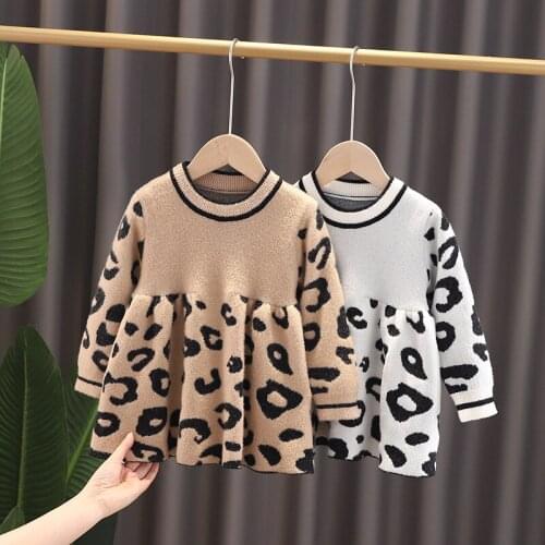 Girls Fashion Dress Autumn Winter Long Sleeve Leopard Pattern Children Kids Dresses