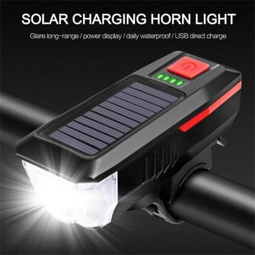 Solar Power Bicycle Light with Horn T6 LED Road Mountain Bike Front Light USB Rechargeable Headlight 3 Modes Cycling Head Lamp