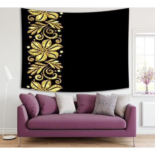 Tapestry Stylized Floral Damask Ornament Golden Confetti Vintage Traditional Design Decorative Gold and Black Colored Art Print