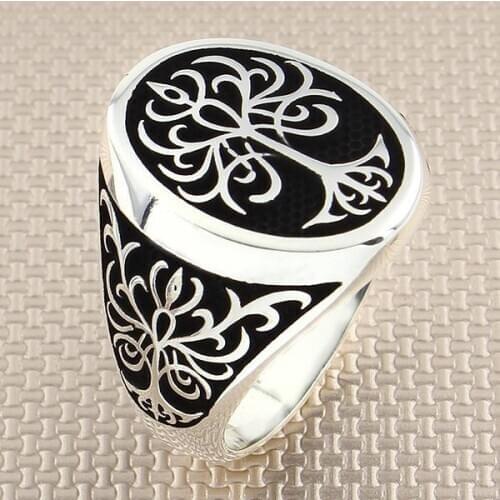 Sterling Silver Life of Tree Style Ring Handmade Oxidized Accessory For Men Made in Turkey