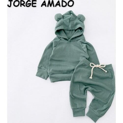 2021 Hot Sale New Autumn Baby Girl Boy 2-pcs Sets Long Sleeves Cat Hooded Sweatershit + Elastic Waist Pants Kids Clothes E0723