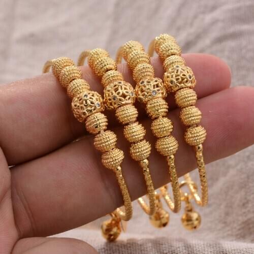 4pcs Small Bangle for Girls/Baby Gold Color Ethnic Beads Bracelet Small Bell Bead Jewelry Child Party Gifts Hollow Beads Jewelry