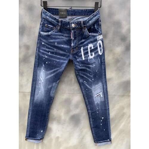 New Tattered ICON Paint Stitching Mens Slim Stretch Jeans Light Blue Embroidered Motorcycle Pants