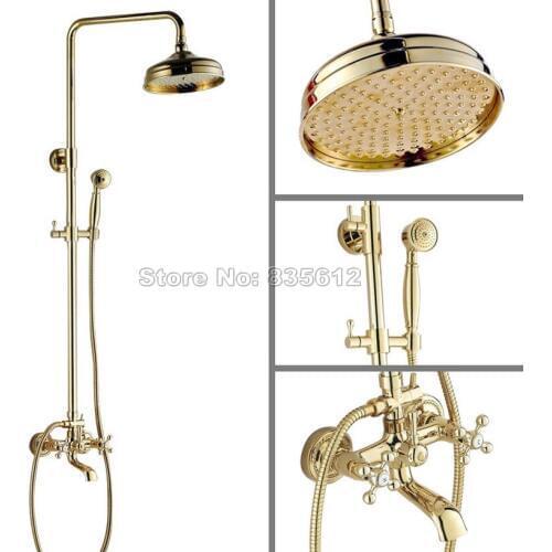 Wall Mounted Gold Color Brass Bathroom Luxury Rain Shower Faucet Set + 8" inch Shower Head + Dual Handles Tub Mixer tap Wgf341