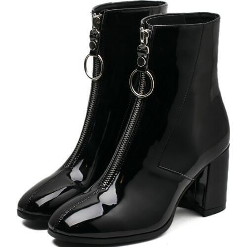 2019 New Fashion Zipper Soft Boots Woman Front Big Zipper Open Mid-Calf Winter Thick High Heels Leather Booties Patent F3-62