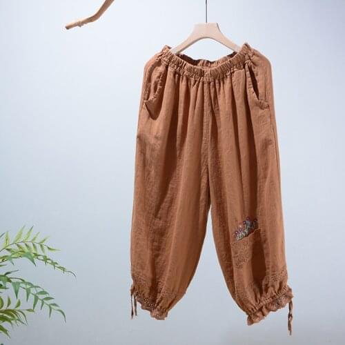 New summer cotton hemp embroidery pants fresh Preppy style casual pants