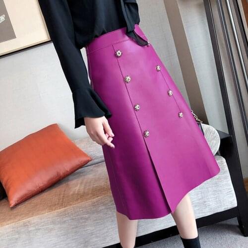 Factory New Arrival Women Elegant Middle Long Genuine Leather Skirt