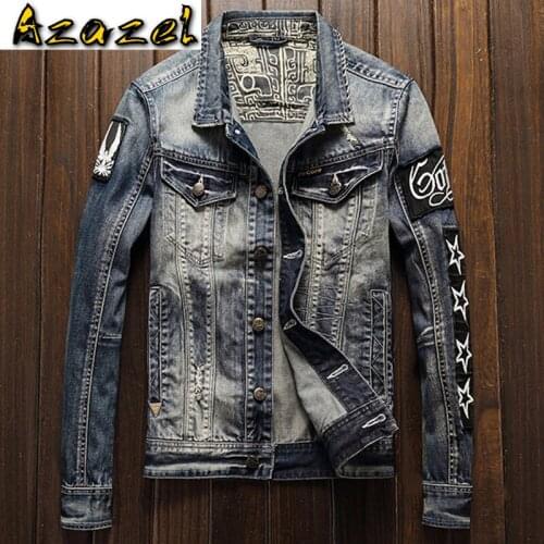 New Arrivals Imported Mens Biker Jeans Jacket Coats Streetwear Patchwork Pattern Designer Male Suit Denim Coats XXXL A200