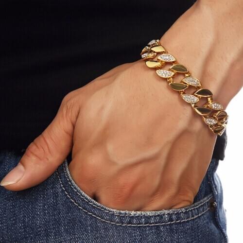 Punk Cuban Link Chain Bracelet Women Men Crystal Hand Chain Hip Hop Gold Color Jewelry Acessories Trendy Party Bracelet