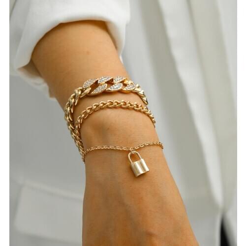 Punk Crystal Rhinestone Thick Chain Gold Lock Pendant Bracelet Set For Men And Women Miami Bohemian Charm Bracelett Jewelry Gift