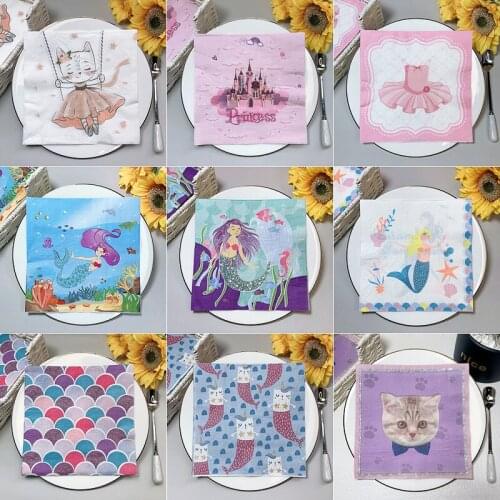 20Pcs/Pack Cute Mermaid Decoupage Paper Napkins Kawaii Pink Princess Paper Tissues for Girls Birthday Party Table Decorations