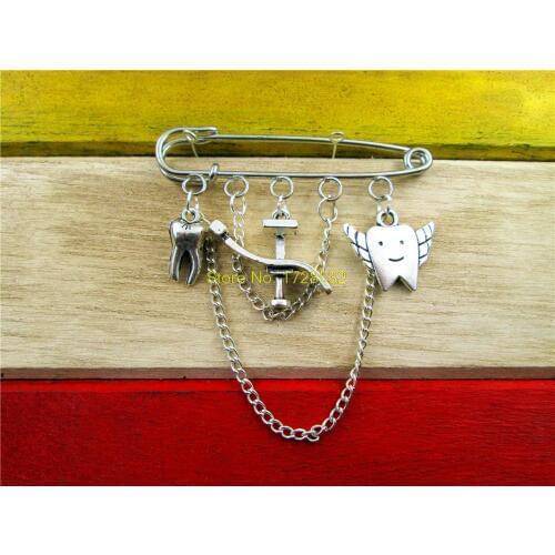 Hot sale Dental Hygienist brooch Antique silver Tooth fairy/Dentist Chair /tooth brooch pin brooch