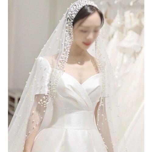 Super Fairy Beautiful Nail Pearl Long Tail Veil Wedding Photography Travel Photo Modeling Photo Headdress Bridal Veil Veil