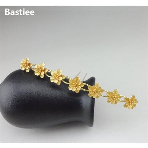 Bastiee Flowers 999 Sterling Silver Hair Fork For Women Golden Plated Luxury Hair Stick Miao Hmong Jewelry