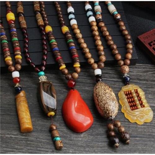 Vintage Nepal Long Buddhist Mala Wood Beaded Pendant & Necklace Ethnic Bohemian Boho Buddha Lucky Jewelry for Women Men Fashion
