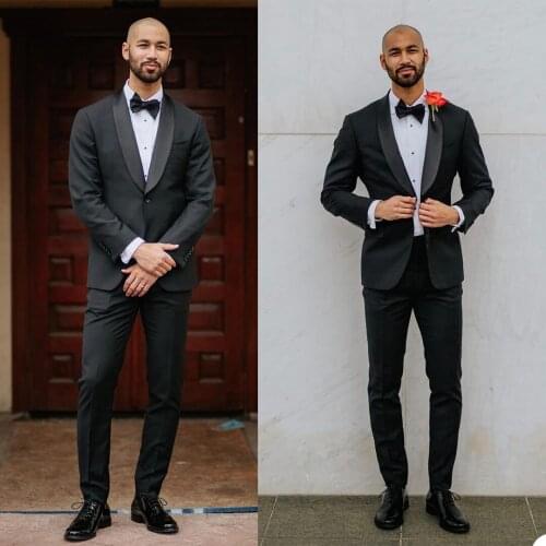 High Quality Black Groom Mens Tuxedos Slim Fit Shawl Lapel Business Wedding Blazer Suits Formal Prom Party Wear(Jacket+Pants)