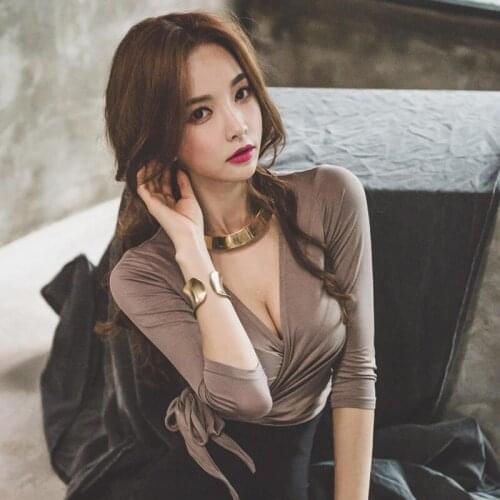 Wrap crop top long sleeve shirt women vintage v neck t shirts for women tshirt sexy shirt korean clothes fall 2020