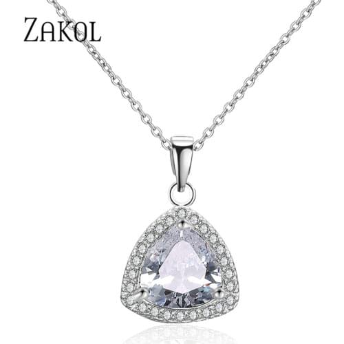 ZAKOL Delicate White Green Triangle Cubic Zircon Pendant Necklace for Women Fashion Party Jewelry Girlfriend Gift NP2088