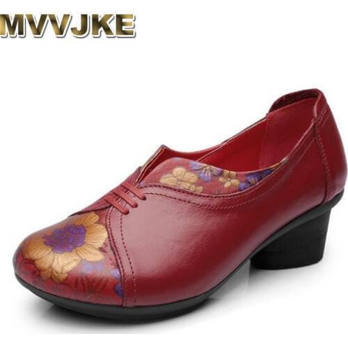 MVVJKE New Retro Printing Genuine Leather Shoes Woman 2019 New Spring Ethnic Style Women High Heel Shoes