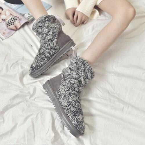 Womens high boots Snow boots Winter shoes girls knitted wool plus velvet thick non-slip winter high tube gray cotton shoes