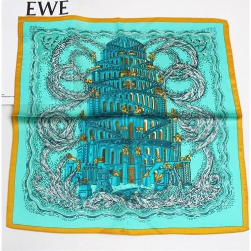 POBING 100% Pure Silk Scarf Women Tower Print Square Scarves Small Head Handkerchief Silk Foulards Wholesale Hijab Wraps 53CM