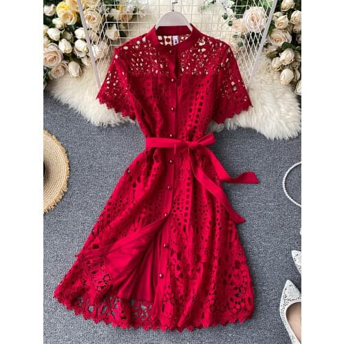 Women Sexy Hollow Out Red/Black/White Dress Female Single Breasted Short Sleeve High Waist A-Line Lace Vestidos 2021 Summer New