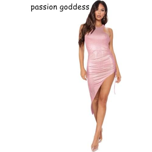 Plus Size Summer Women Sexy Shiny Sleeveless Mid Tank Dress O Neck Bodycon Asymmetrical Runched Pink Elegant Party ladies Dress