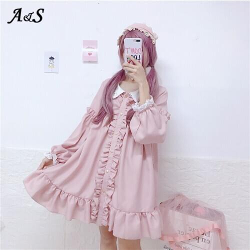 Anbenser Japanese Style Lace Lolita Dress Women Ruffles Vintage Pink Dresses Harajuku Ulzzang Korean Kawaii Cute Clothing Female