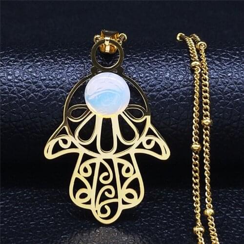 Boho Hamsa Hand Moonstone Stainless Steel Necklaces Women Gold Color Charm Necklaces Jewelry collier ethnique boheme N4450S04