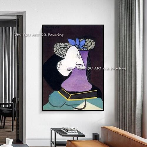 100% Handmade A woman in a straw hat Picasso oil painting Portrait for Living Room Home Hotel Large Size Canvas Decoration