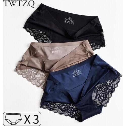 3Pcs Ice Silk Sexy Women Panties Seamless Briefs High Quality Underwear Lace Soft Intimates Underpants Size M-XXL