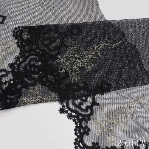 45Yards Black Floral Embroidered Lace Trim Yellow Leaf Mesh Fabric For Bra Lingerie Underwear Garment Decor DIY 25.5cm Width